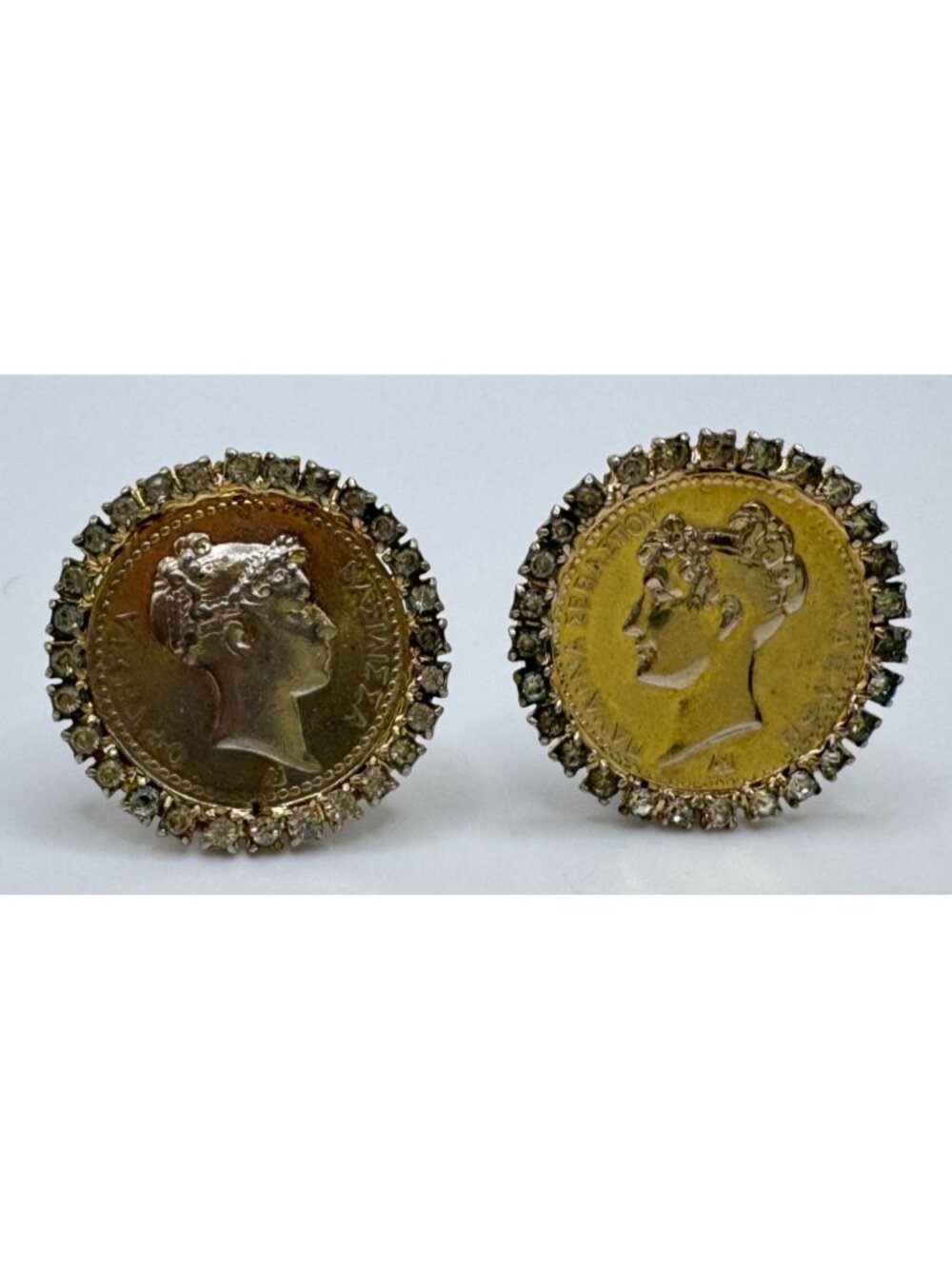 Vintage Hattie Carnegie Signed Greek Coin Intaglio Rhinestone Clip On Earrings